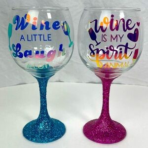 "Wine A Little Laugh A Lot/Wine Is My Spirit Animal" Hand Decorated Wine Glasses